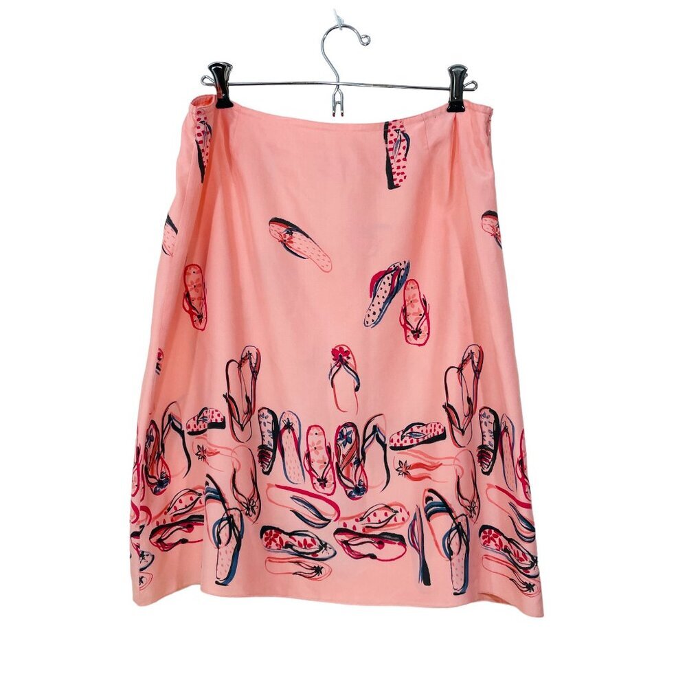 J.Jill 100% Silk MP Skirt‎ Pink Knee Length Flip Flop Print Beachy Boho Summer